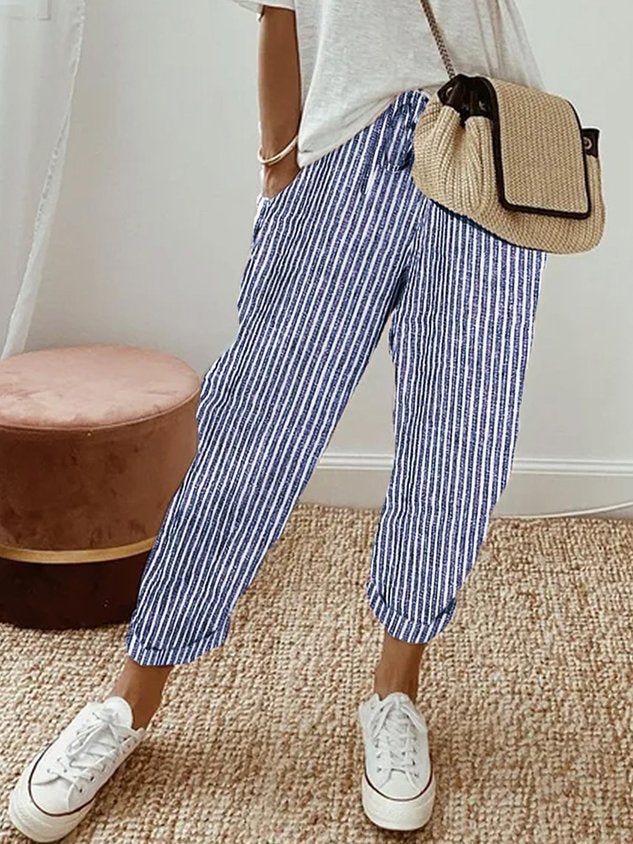 Lniane spodnie damskie – luźny krój, wiązany pas - Arkadya Outlet - Women Pants