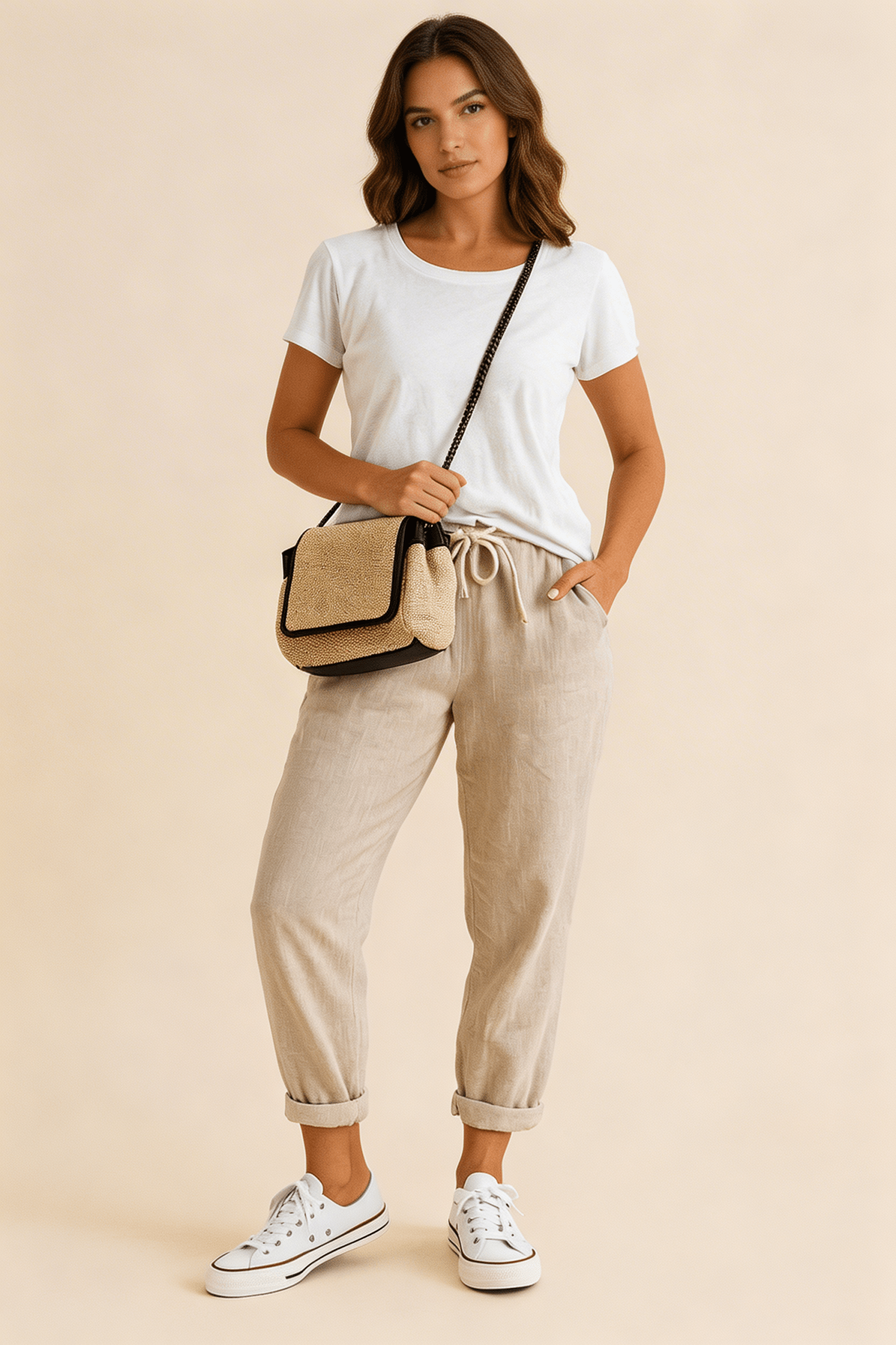Lniane spodnie damskie – luźny krój, wiązany pas - Arkadya Outlet - Women Pants
