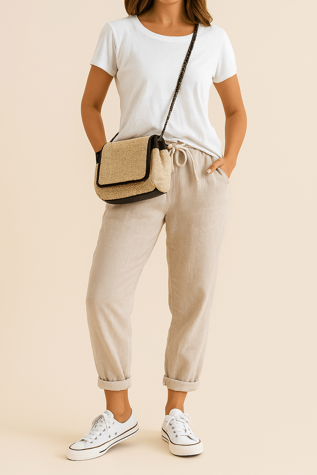 Lniane spodnie damskie – luźny krój, wiązany pas - Arkadya Outlet - Women Pants
