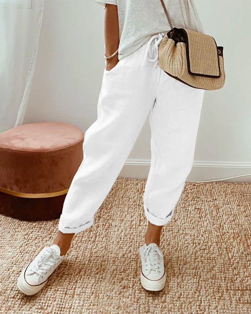 Lniane spodnie damskie – luźny krój, wiązany pas - Arkadya Outlet - Women Pants
