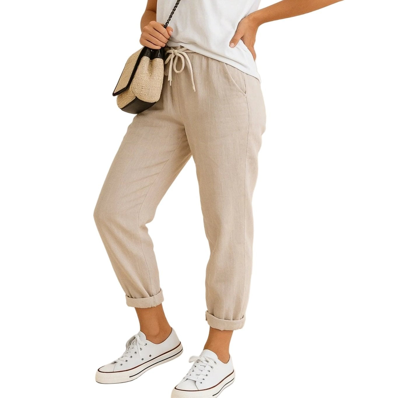Lniane spodnie damskie – luźny krój, wiązany pas - Arkadya Outlet - Women Pants