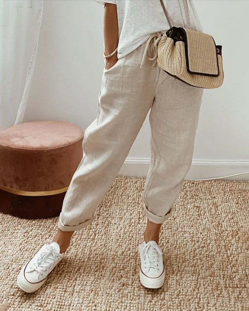 Lniane spodnie damskie – luźny krój, wiązany pas - Arkadya Outlet - Women Pants