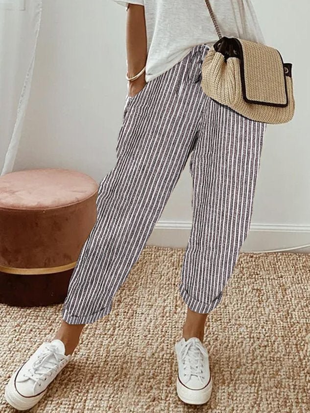 Lniane spodnie damskie – luźny krój, wiązany pas - Arkadya Outlet - Women Pants
