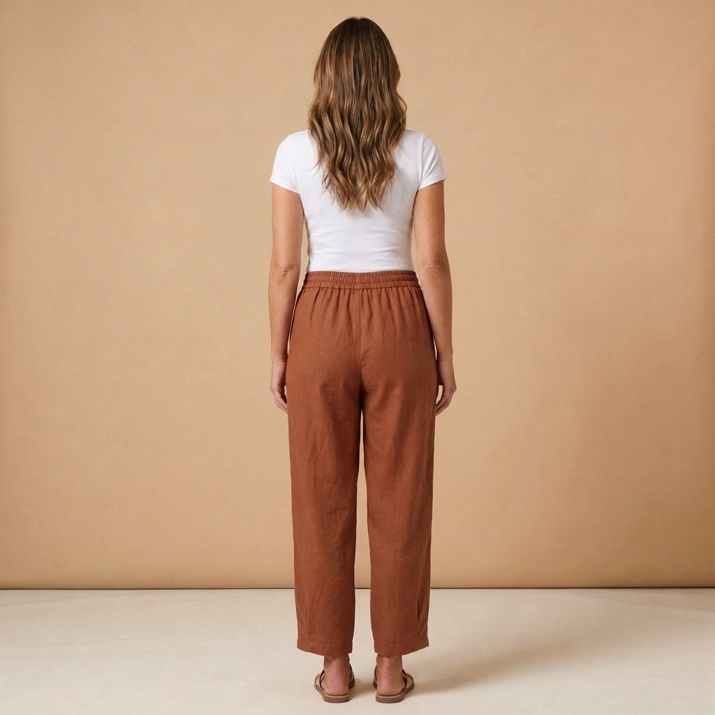 Lniane spodnie damskie – luźny krój, zwężana nogawka, kieszenie - Arkadya Outlet - Women Pants