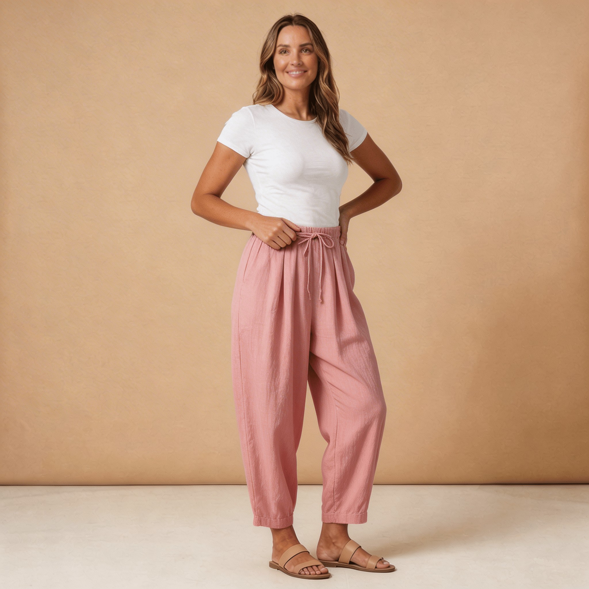 Lniane spodnie damskie – szeroka nogawka, wiązanie w pasie - Arkadya Outlet - Women Pants