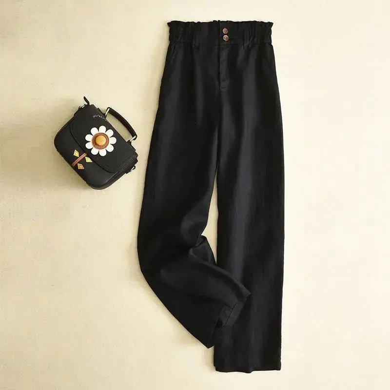 Lniane spodnie damskie z wysokim stanem – szeroka nogawka - Arkadya Outlet - Women Pants