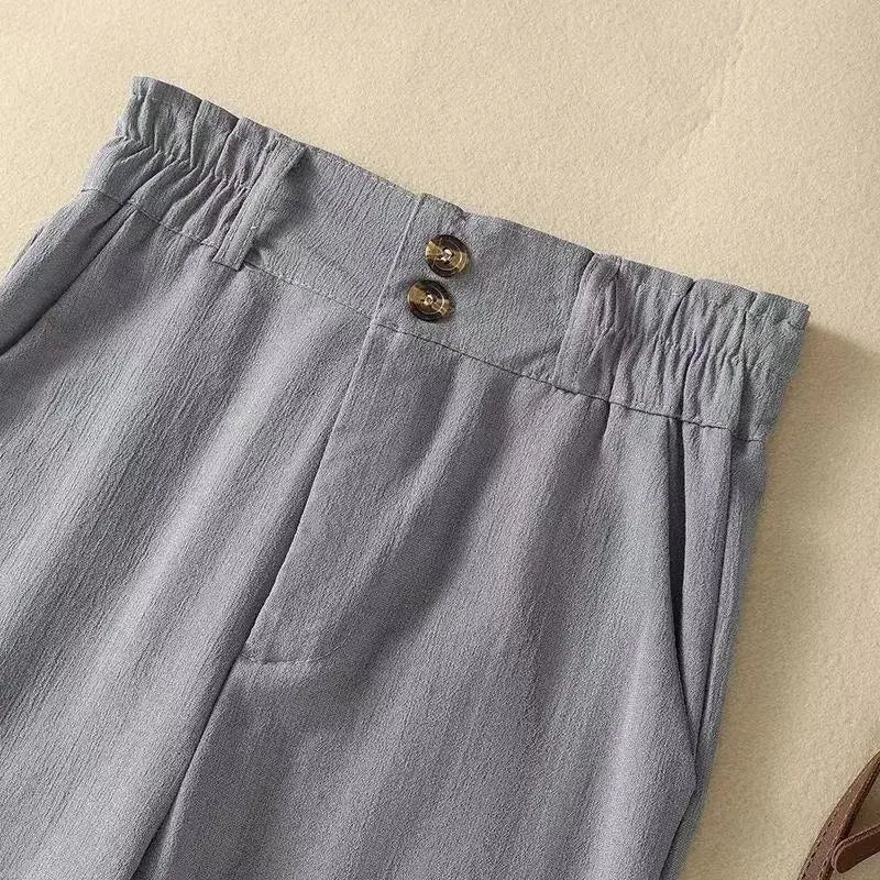Lniane spodnie damskie z wysokim stanem – szeroka nogawka - Arkadya Outlet - Women Pants