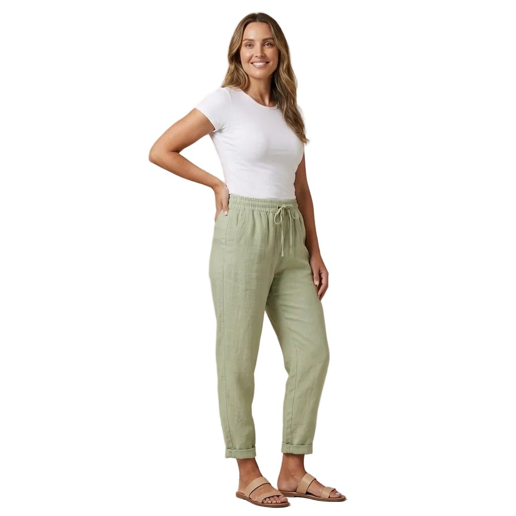 Lniane spodnie damskie – zwężany krój, elastyczny pas - Arkadya Outlet - Women Pants