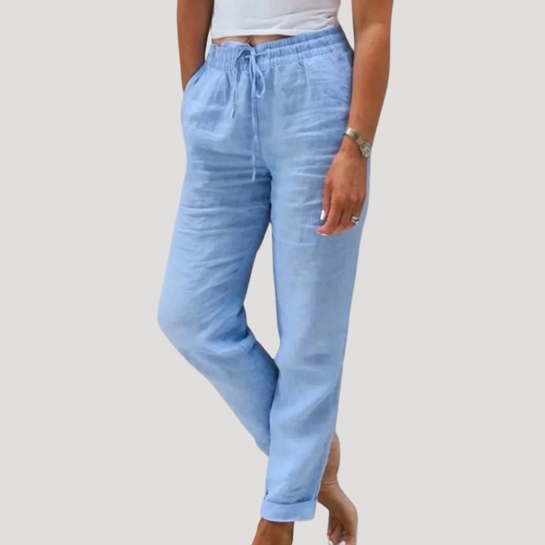 Lniane spodnie damskie – zwężany krój, elastyczny pas - Arkadya Outlet - Women Pants