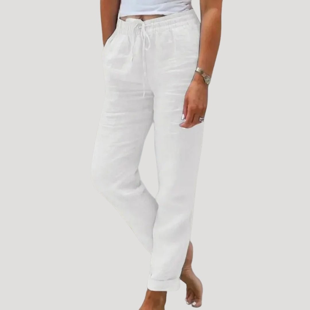 Lniane spodnie damskie – zwężany krój, elastyczny pas - Arkadya Outlet - Women Pants