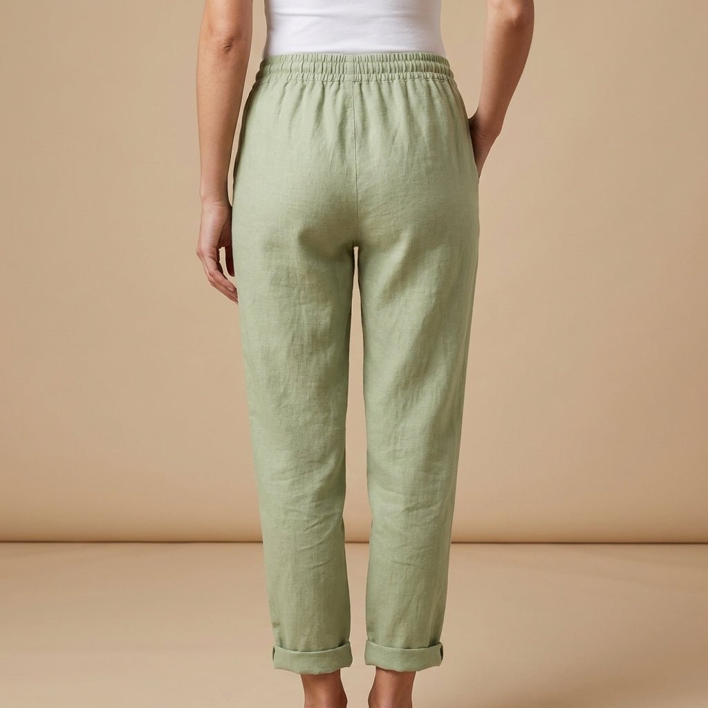 Lniane spodnie damskie – zwężany krój, elastyczny pas - Arkadya Outlet - Women Pants