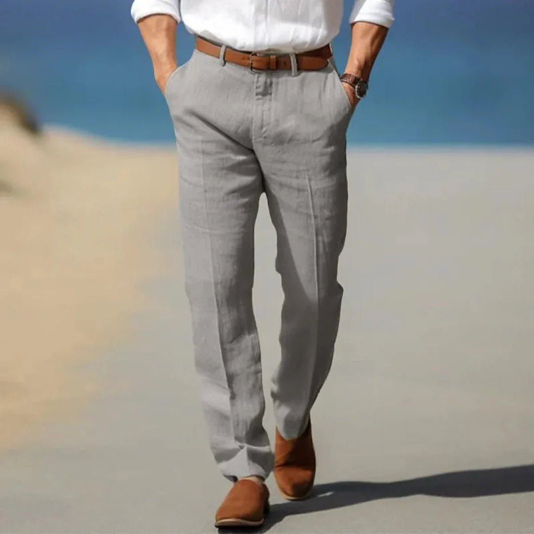 Lniane spodnie męskie – luźny krój, zamek, szlufki - Arkadya Outlet - Men Pants