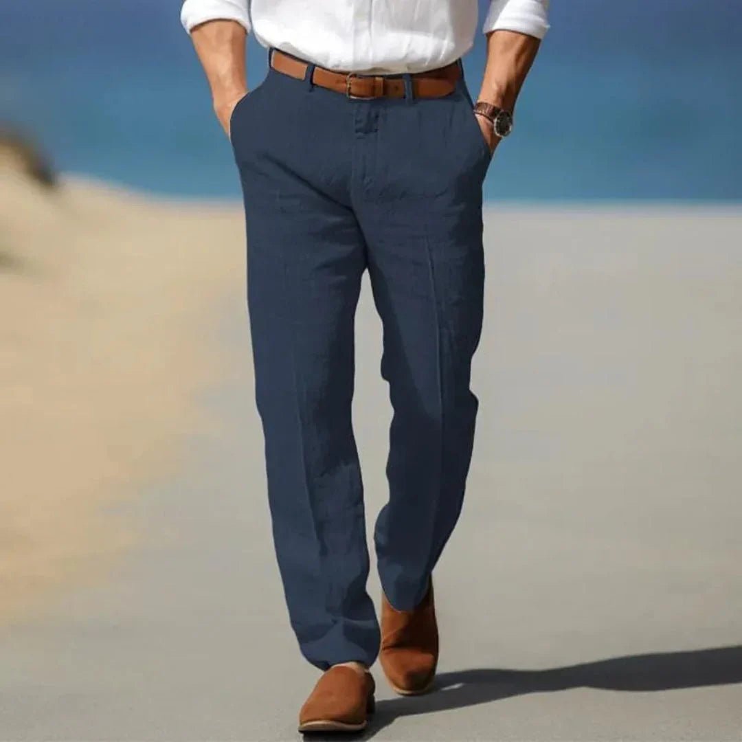 Lniane spodnie męskie – luźny krój, zamek, szlufki - Arkadya Outlet - Men Pants