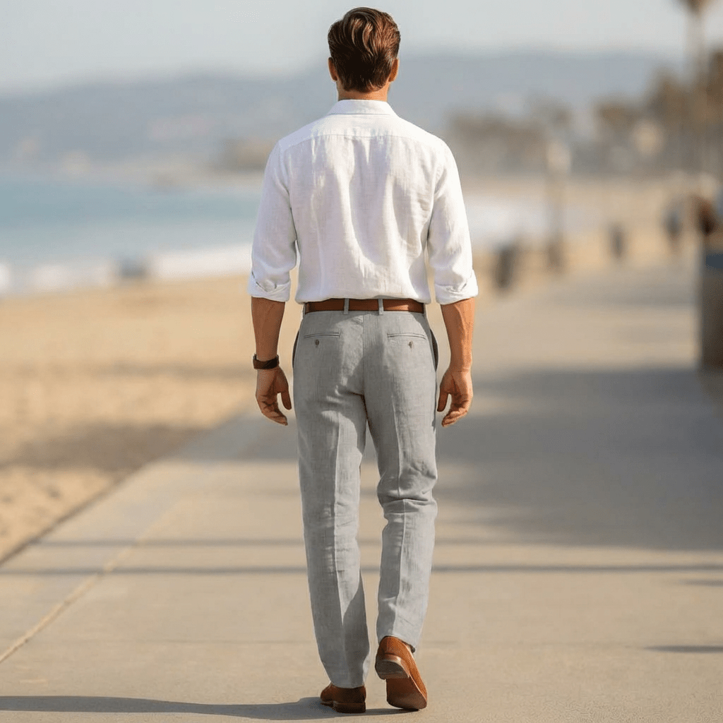 Lniane spodnie męskie – luźny krój, zamek, szlufki - Arkadya Outlet - Men Pants