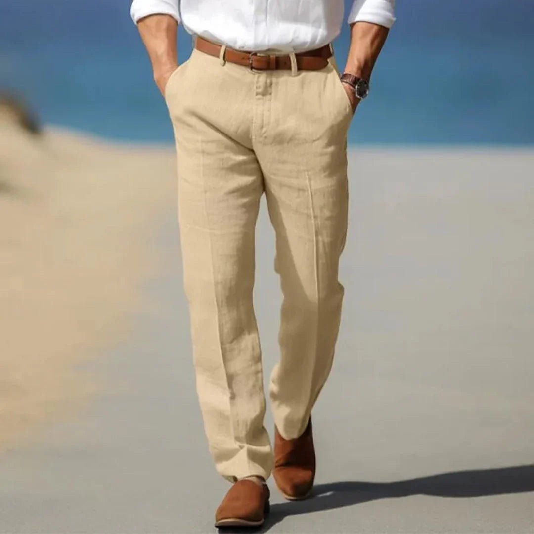 Lniane spodnie męskie – luźny krój, zamek, szlufki - Arkadya Outlet - Men Pants