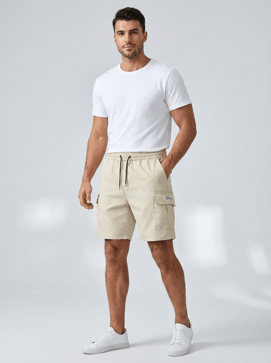 Lniane szorty cargo męskie – luźny krój, sznurek - Arkadya Outlet - Men Shorts