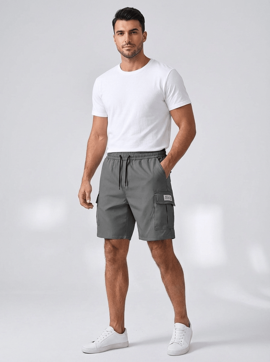 Lniane szorty cargo męskie – luźny krój, sznurek - Arkadya Outlet - Men Shorts