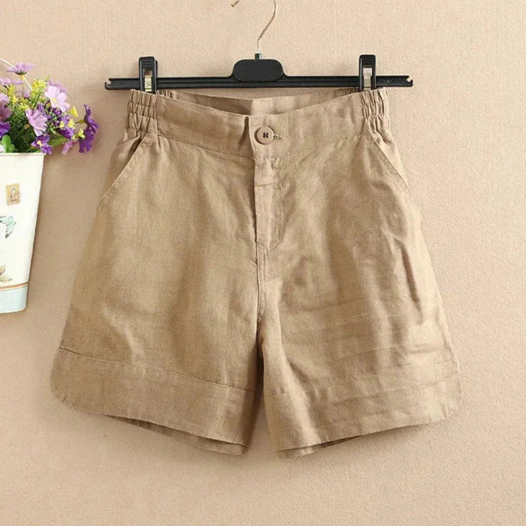 Lniane szorty damskie – elastyczny pas, zapięcie - Arkadya Outlet - Women Short