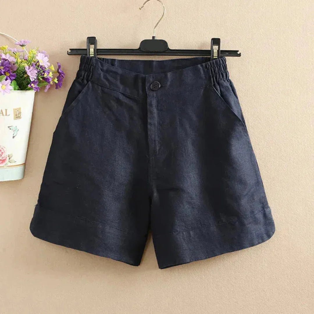 Lniane szorty damskie – elastyczny pas, zapięcie - Arkadya Outlet - Women Short