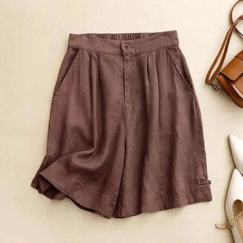 Lniane szorty damskie wysoki stan – guzik, luźny krój - Arkadya Outlet - Women Short