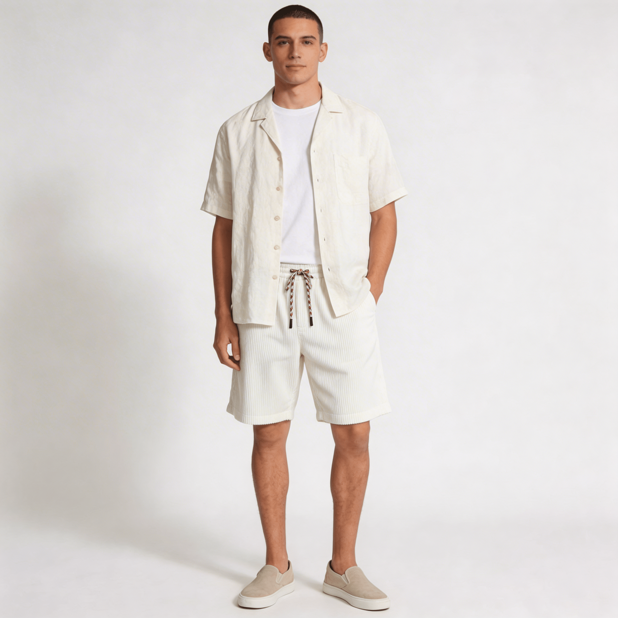 Lniane szorty męskie – luźny krój nad kolano, sznurek - Arkadya Outlet - Men Shorts