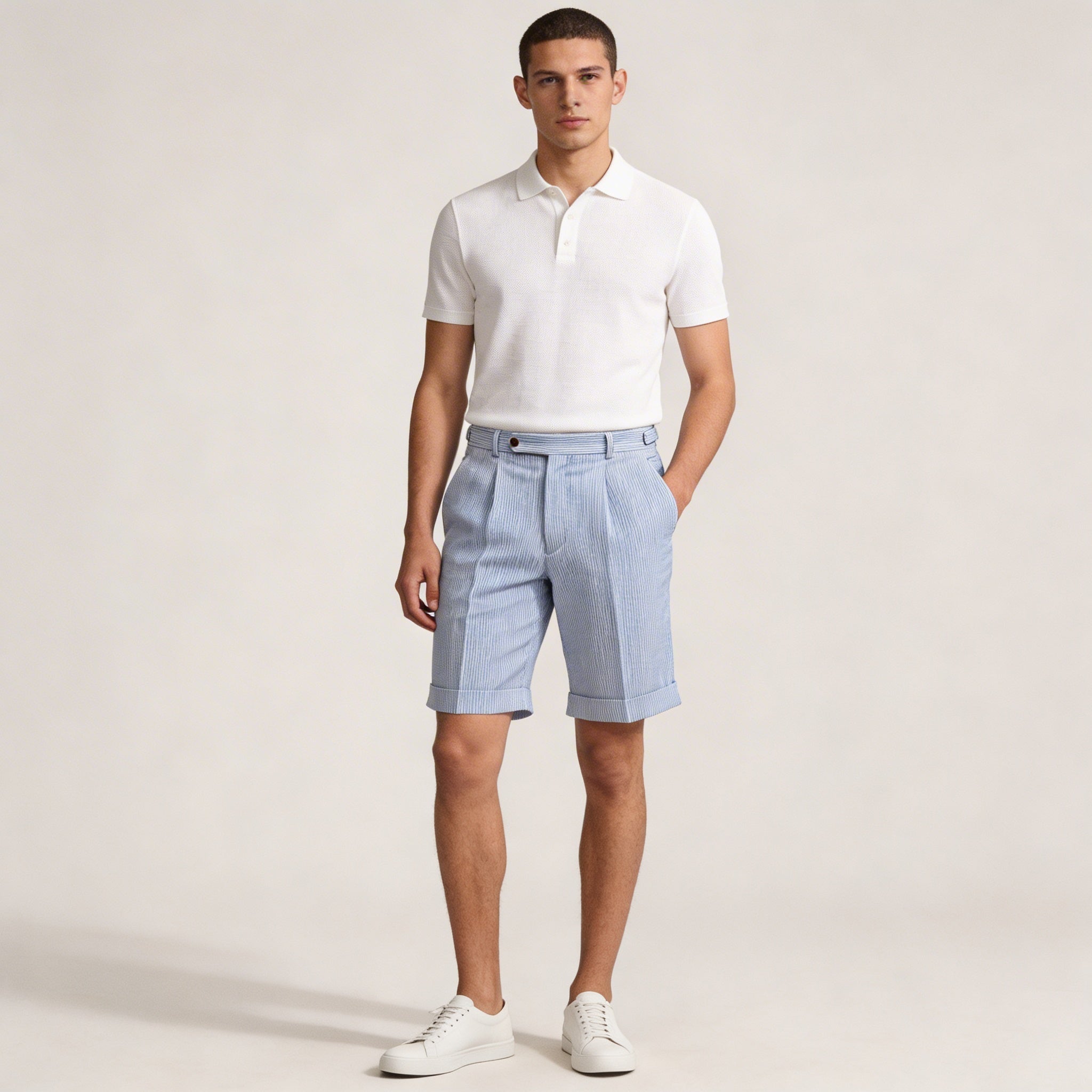 Lniane szorty męskie wysoki stan – plisy, guziki - Arkadya Outlet - Men Shorts