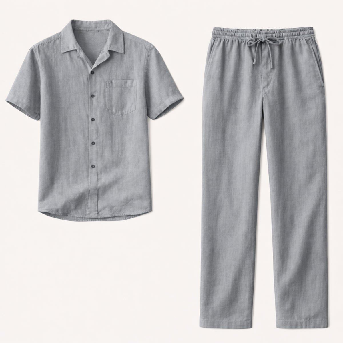 Lniany komplet męski – koszula i spodnie, luźny krój - Arkadya Outlet - Men Set