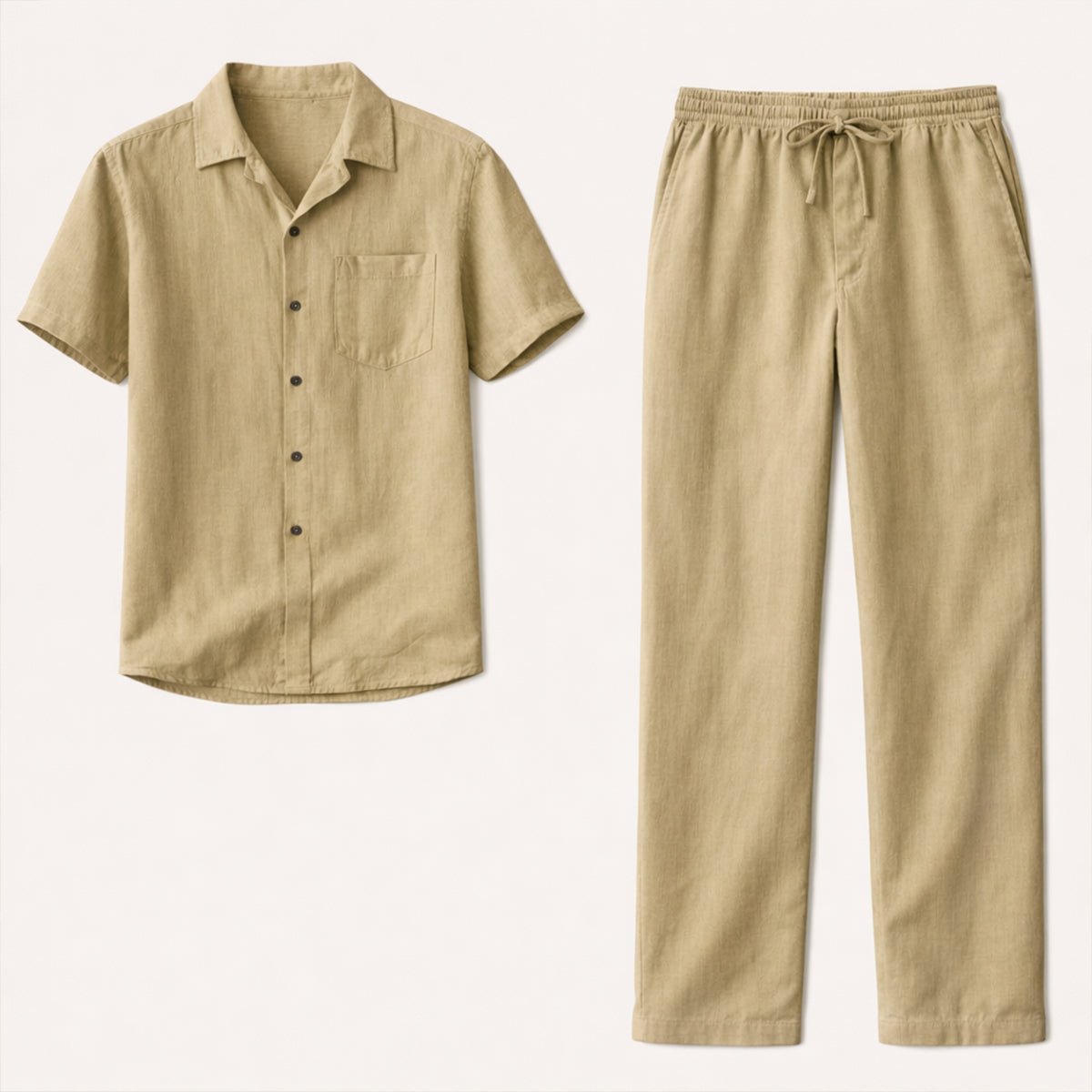 Lniany komplet męski – koszula i spodnie, luźny krój - Arkadya Outlet - Men Set