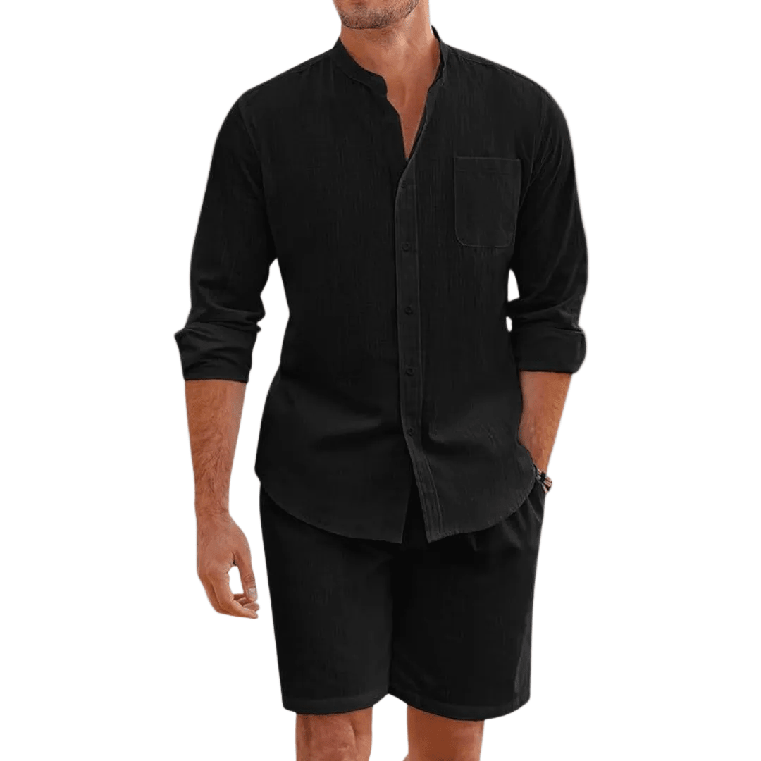 Lniany zestaw męski – długi rękaw, stójka, szorty - Arkadya Outlet - Men Set