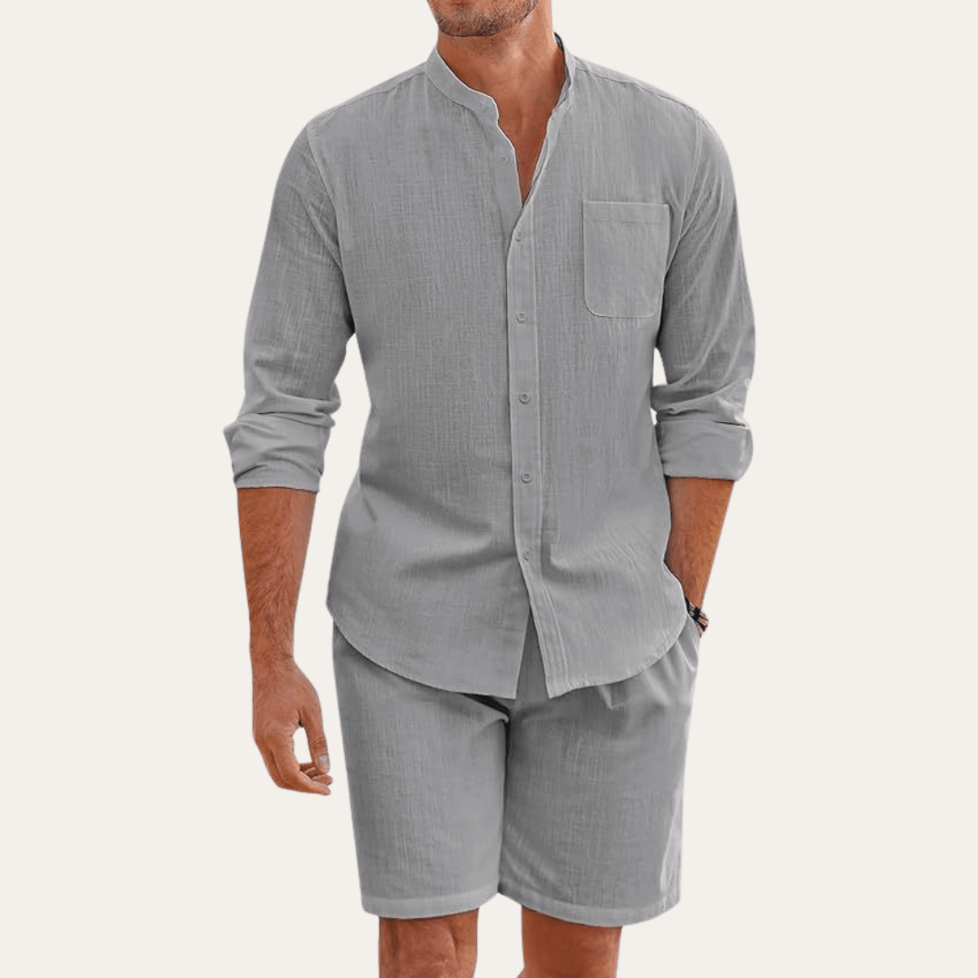 Lniany zestaw męski – długi rękaw, stójka, szorty - Arkadya Outlet - Men Set