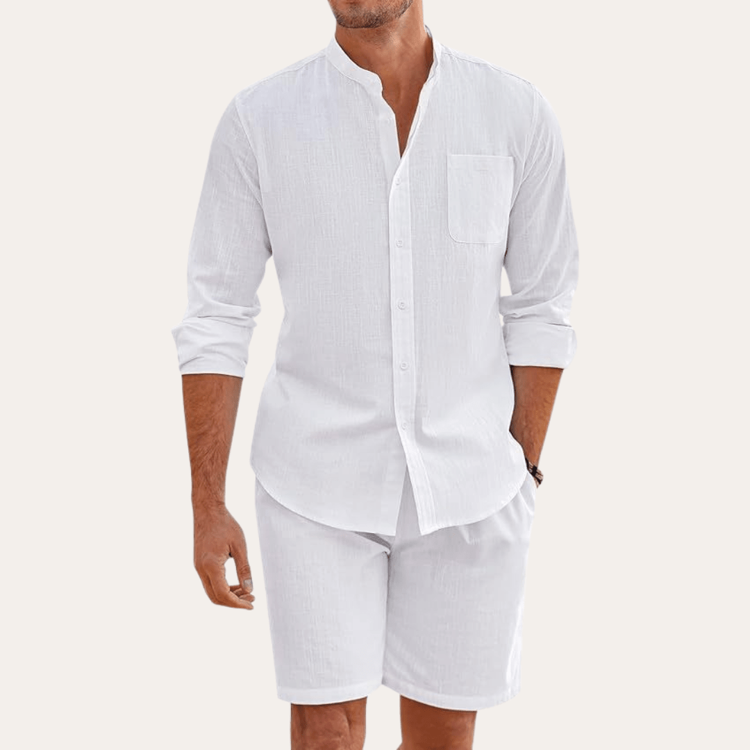 Lniany zestaw męski – długi rękaw, stójka, szorty - Arkadya Outlet - Men Set