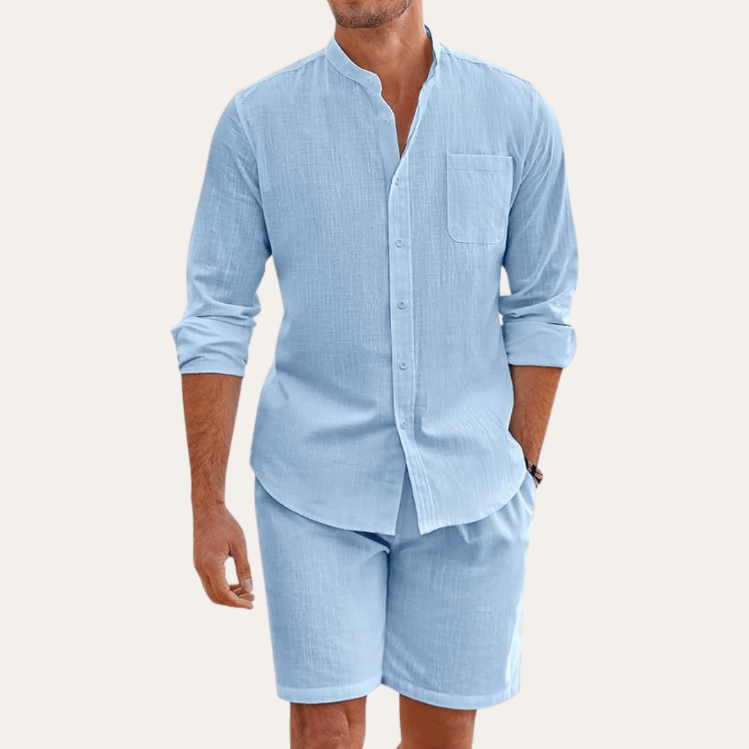 Lniany zestaw męski – długi rękaw, stójka, szorty - Arkadya Outlet - Men Set