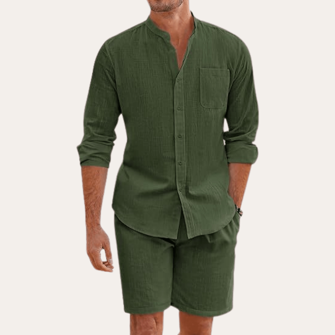 Lniany zestaw męski – długi rękaw, stójka, szorty - Arkadya Outlet - Men Set