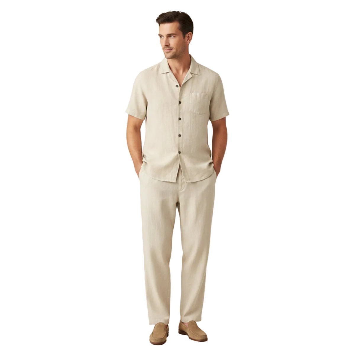 Lniany zestaw męski – koszula, długie spodnie, luźny krój - Arkadya Outlet - Men Set