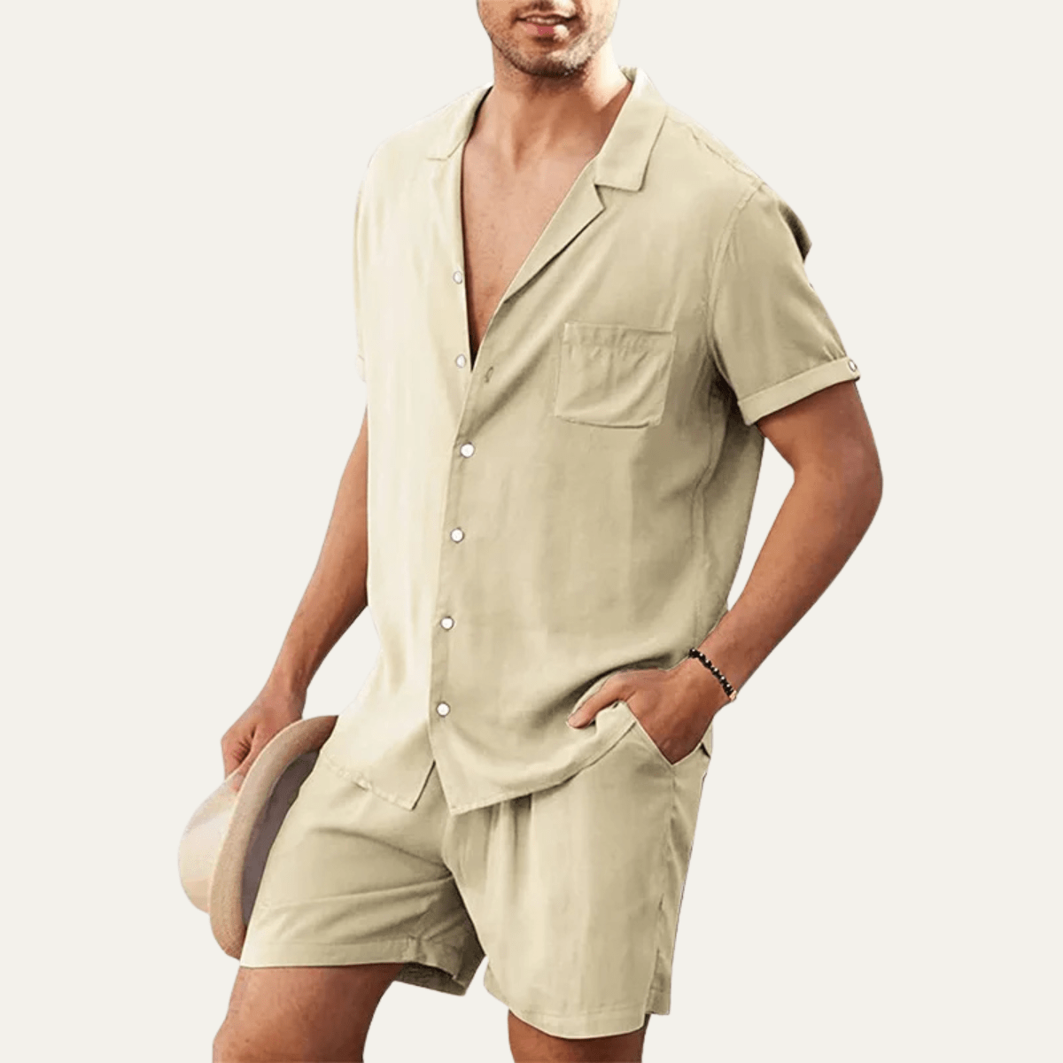Lniany zestaw męski – koszula i szorty, krótki rękaw - Arkadya Outlet - Men Set