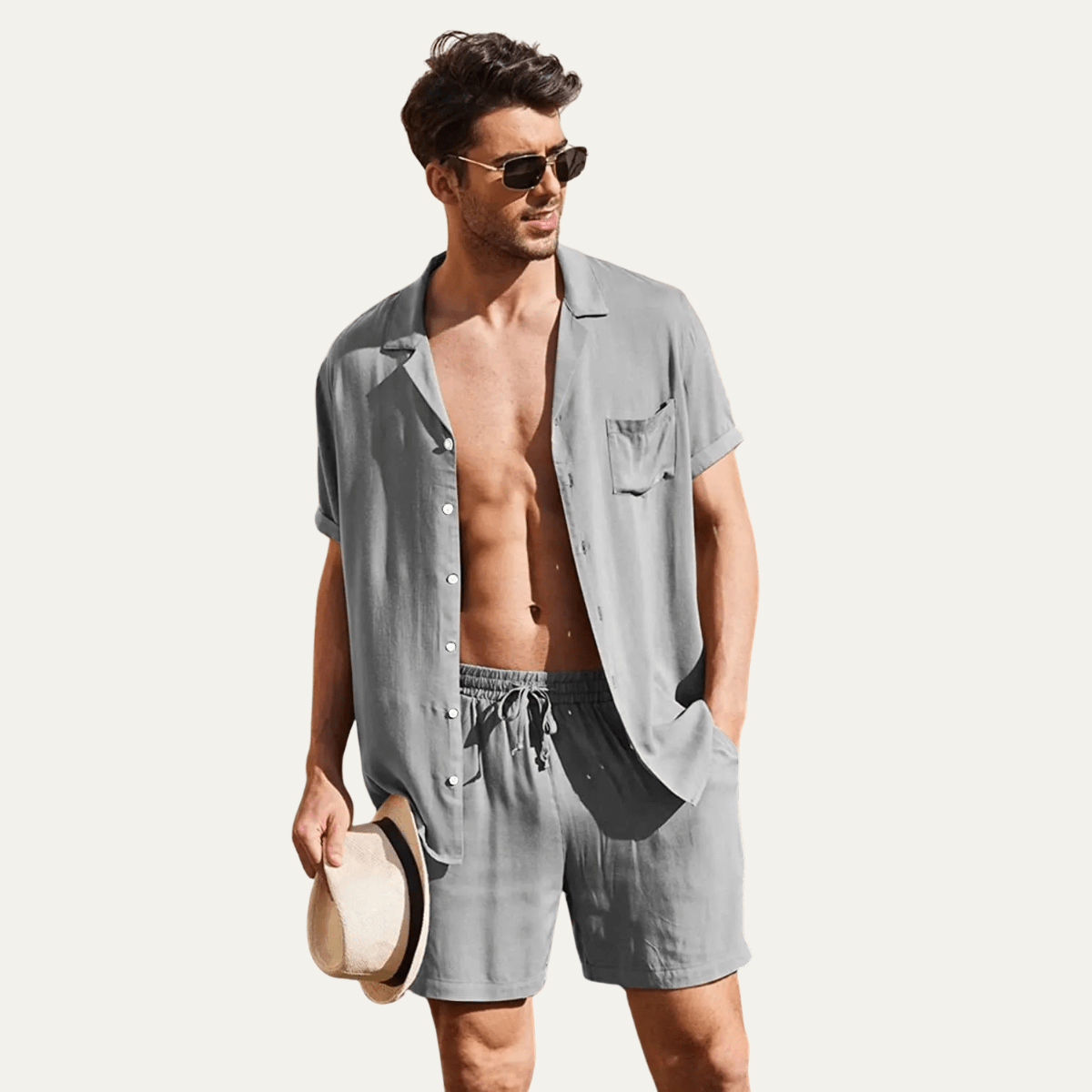 Lniany zestaw męski – koszula i szorty, krótki rękaw - Arkadya Outlet - Men Set