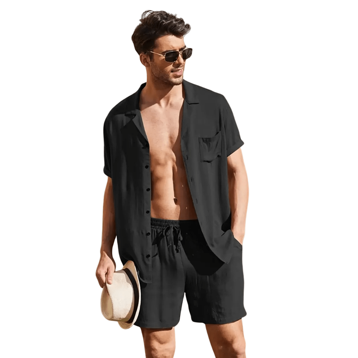 Lniany zestaw męski – koszula i szorty, krótki rękaw - Arkadya Outlet - Men Set