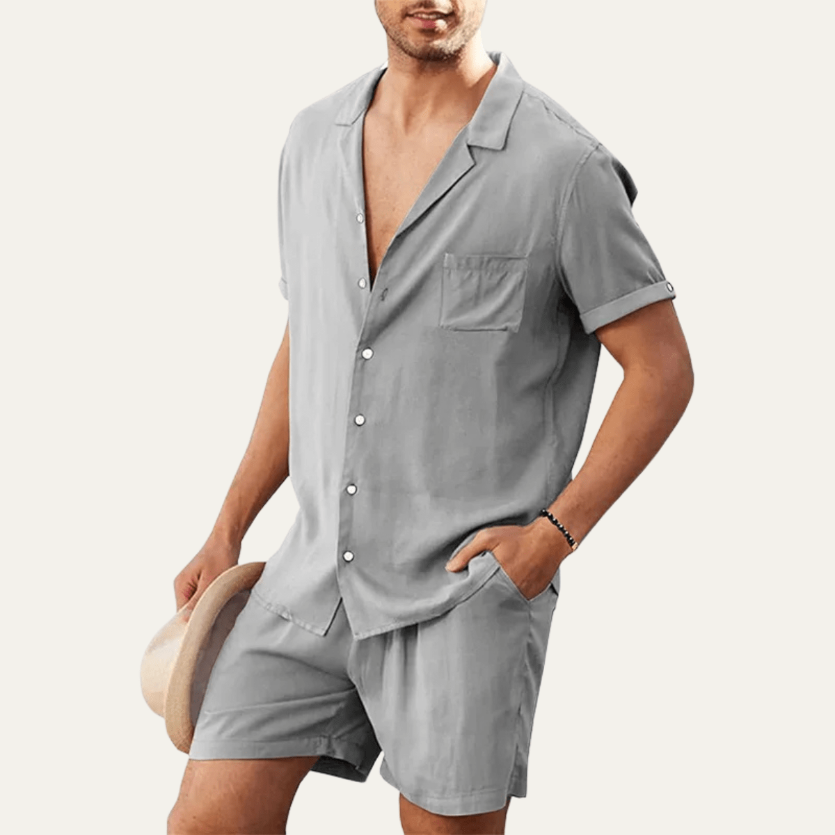 Lniany zestaw męski – koszula i szorty, krótki rękaw - Arkadya Outlet - Men Set