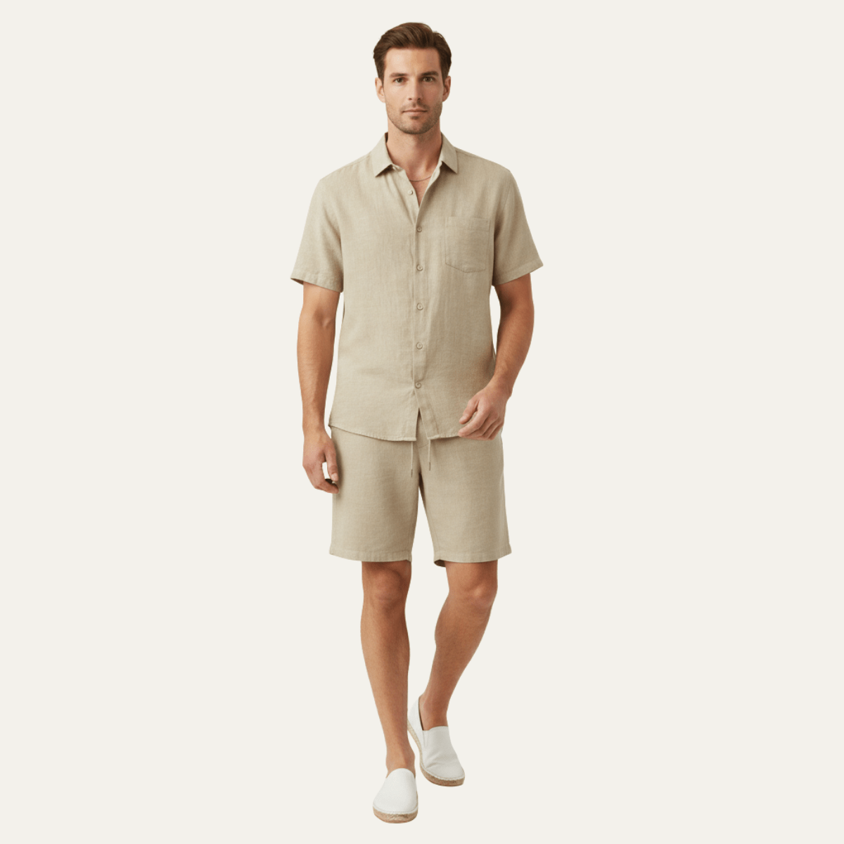 Lniany zestaw męski – koszula krótki rękaw, szorty - Arkadya Outlet - Men Set