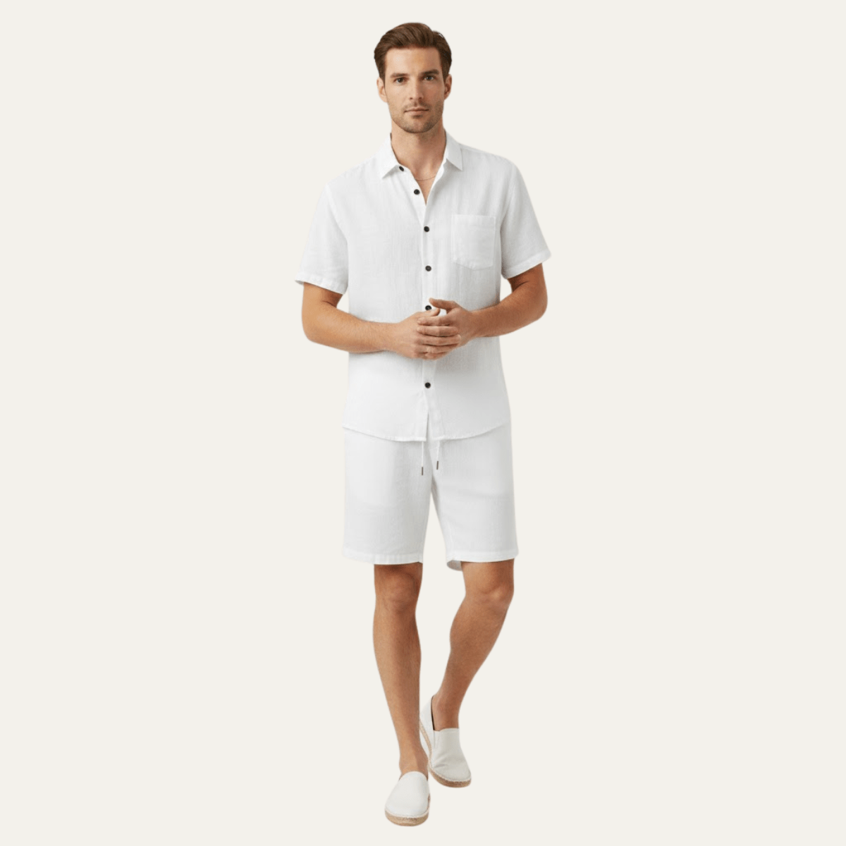 Lniany zestaw męski – koszula krótki rękaw, szorty - Arkadya Outlet - Men Set