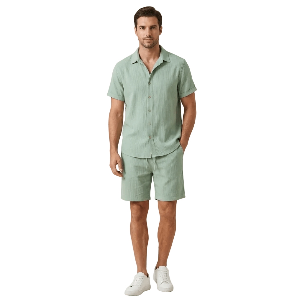 Lniany zestaw męski – koszula, spodenki, sznurek - Arkadya Outlet - Men Set