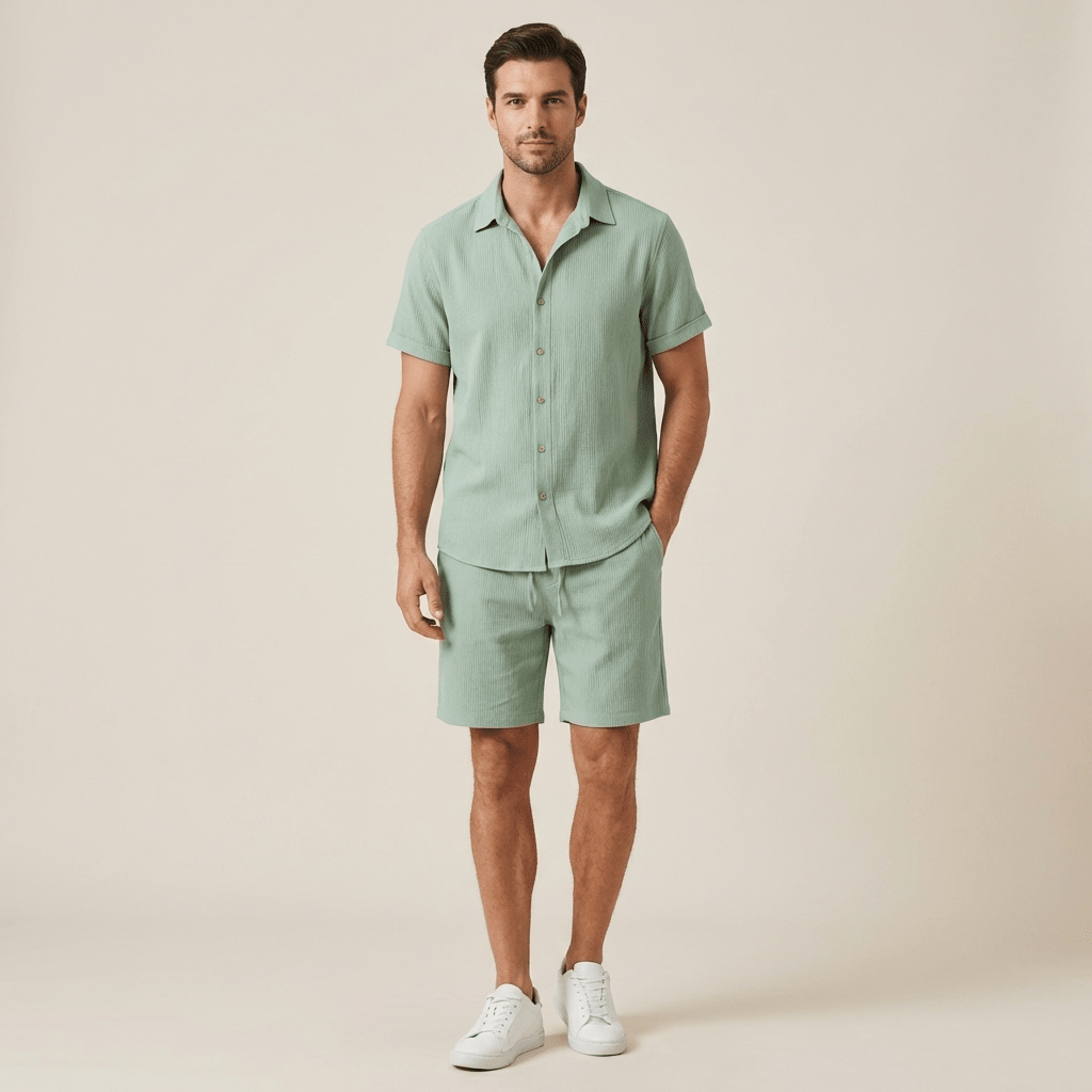 Lniany zestaw męski – koszula, spodenki, sznurek - Arkadya Outlet - Men Set