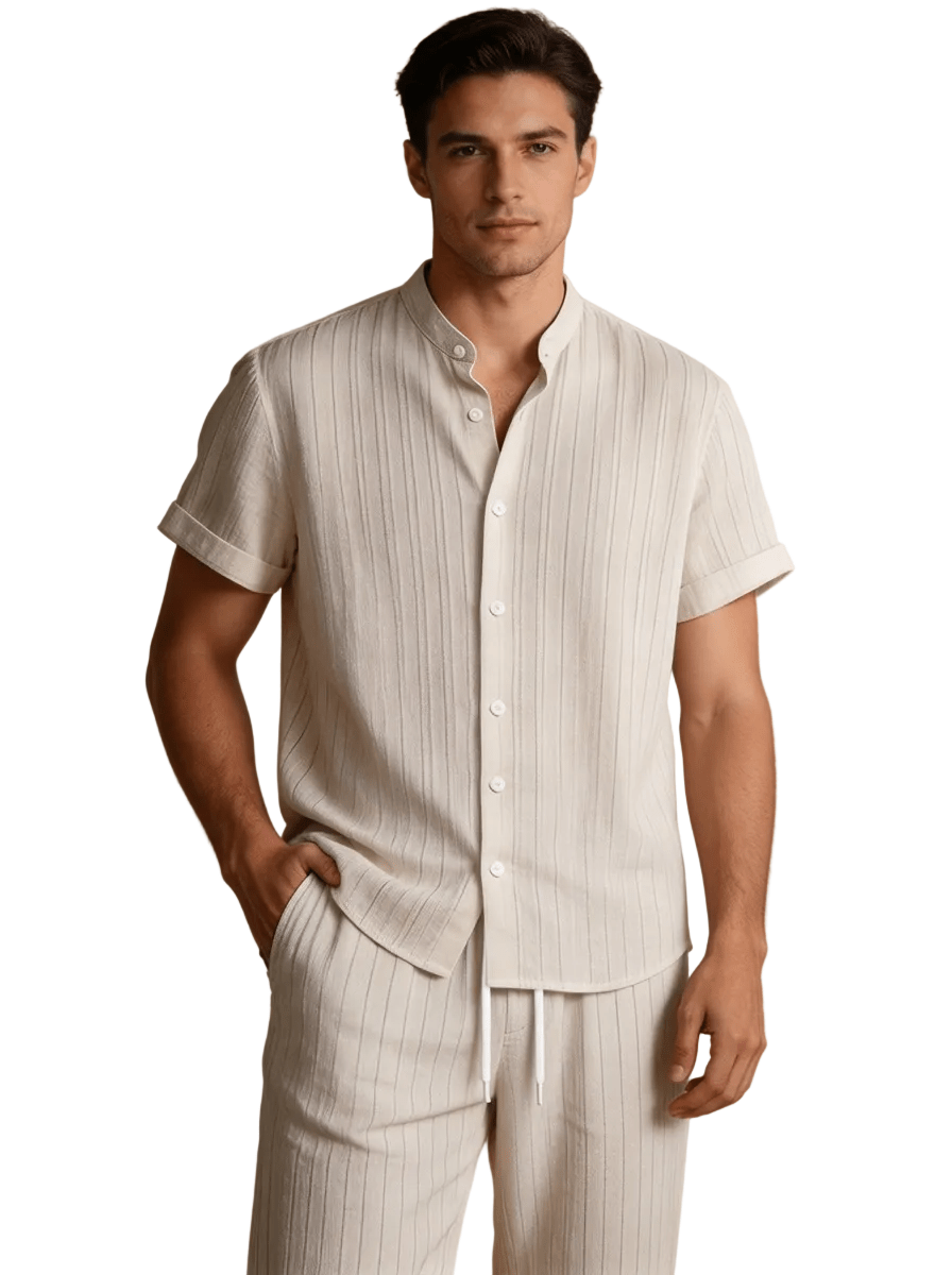 Lniany zestaw męski – krótki rękaw, spodnie ze sznurkiem - Arkadya Outlet - Men Set