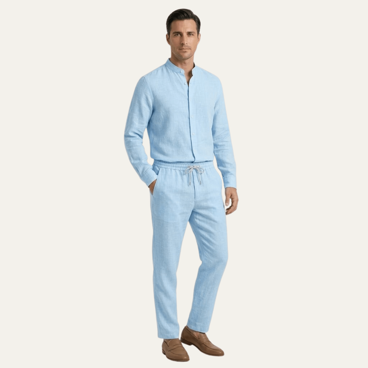 Lniany zestaw męski – luźny krój, długi rękaw, guziki - Arkadya Outlet - Men Set