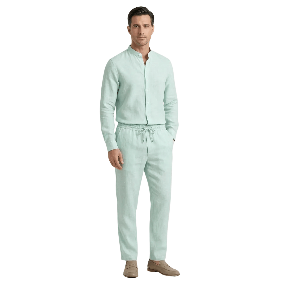 Lniany zestaw męski – luźny krój, długi rękaw, guziki - Arkadya Outlet - Men Set