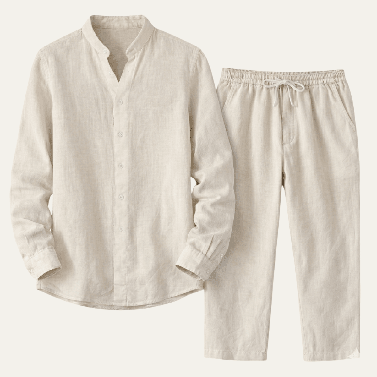Lniany zestaw męski – luźny krój, długi rękaw, guziki - Arkadya Outlet - Men Set