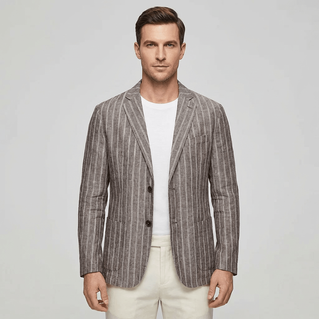 Marynarka męska w paski – dwa guziki, otwarte klapy - Arkadya Outlet - Men Blazer