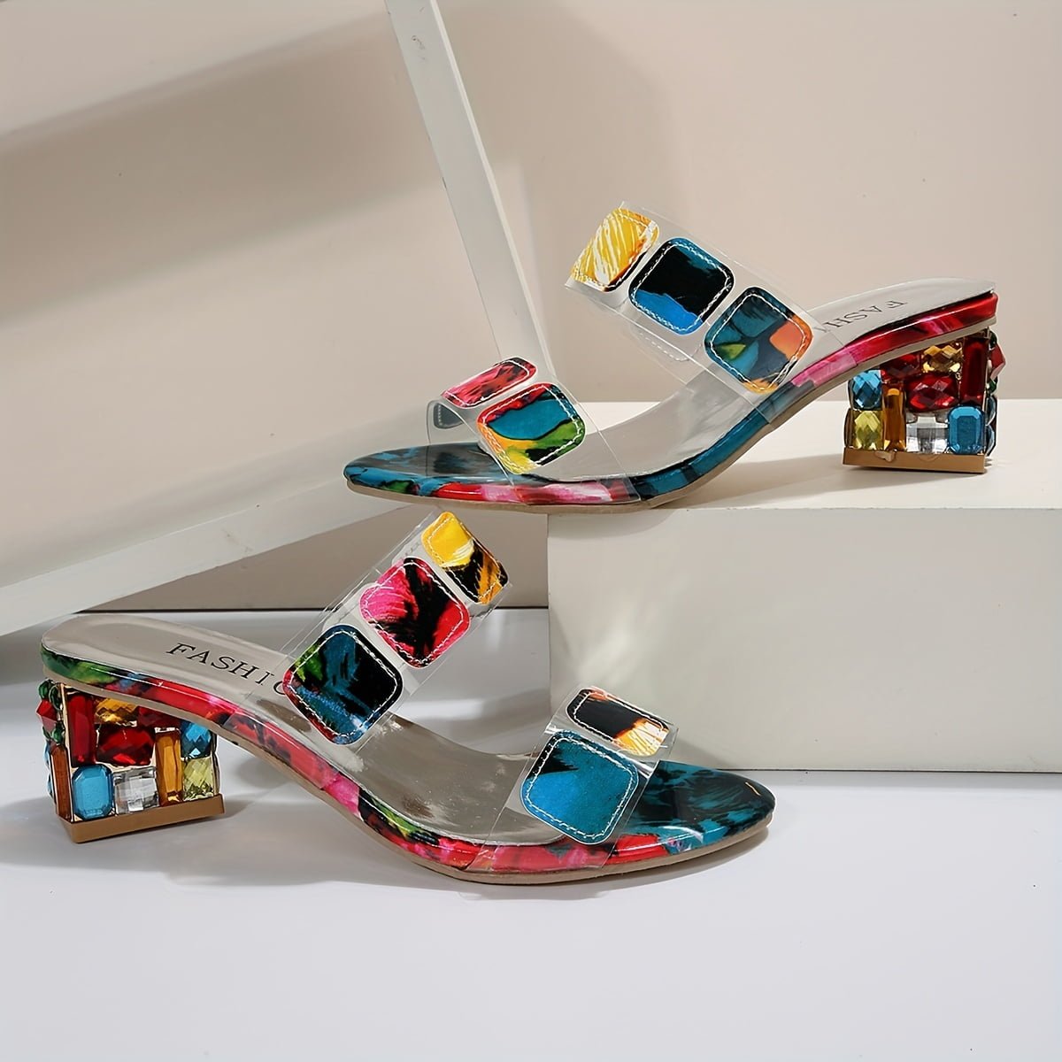 Sandały damskie na słupku wsuwane – dwa paski - Arkadya Outlet - Women Sandals