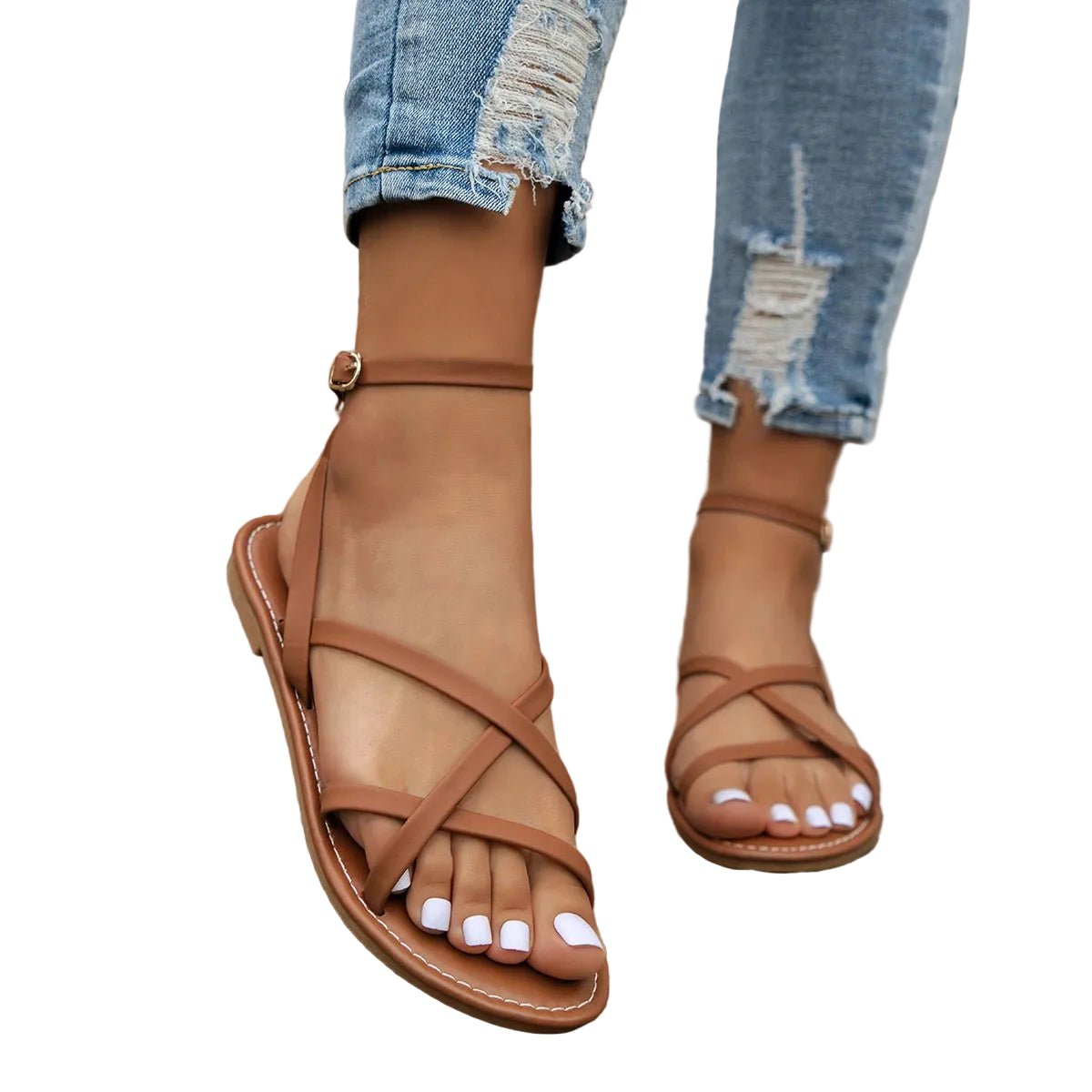 Sandały damskie z paskami – tylny zamek, płaska podeszwa - Arkadya Outlet - Women Sandals