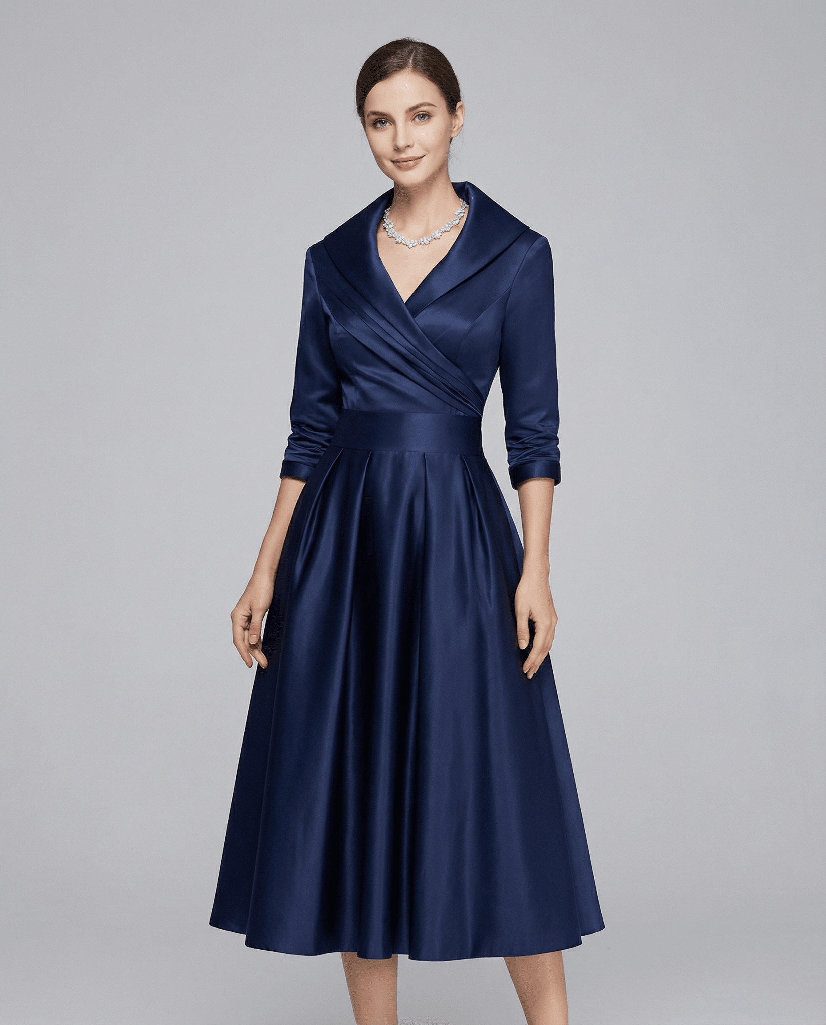 Sukienka A - line z kołnierzem i plisowaną talią - Arkadya Outlet - Women Midi Dress